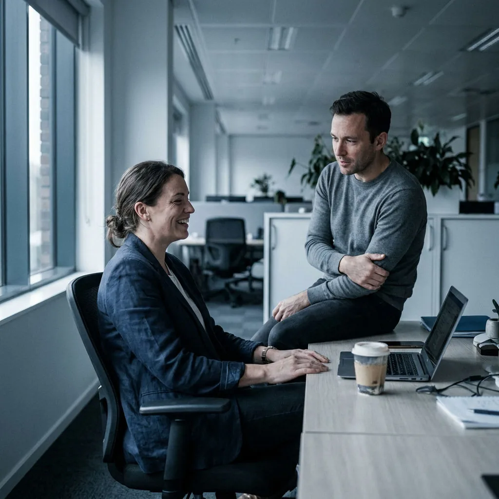 Two members of the Ledger Labs team talking through a client's month at a desk.