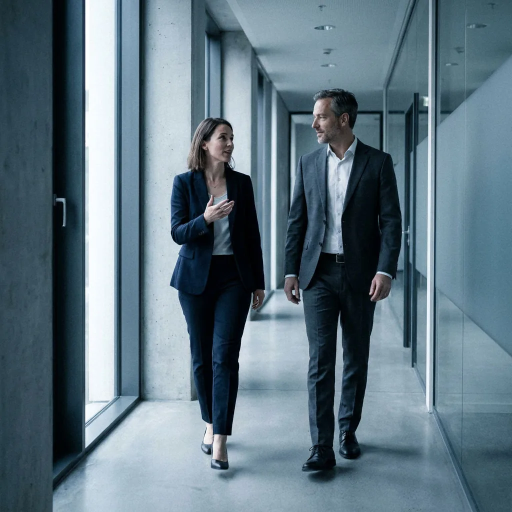 Two Ledger Labs advisors in conversation walking through the firm's offices.